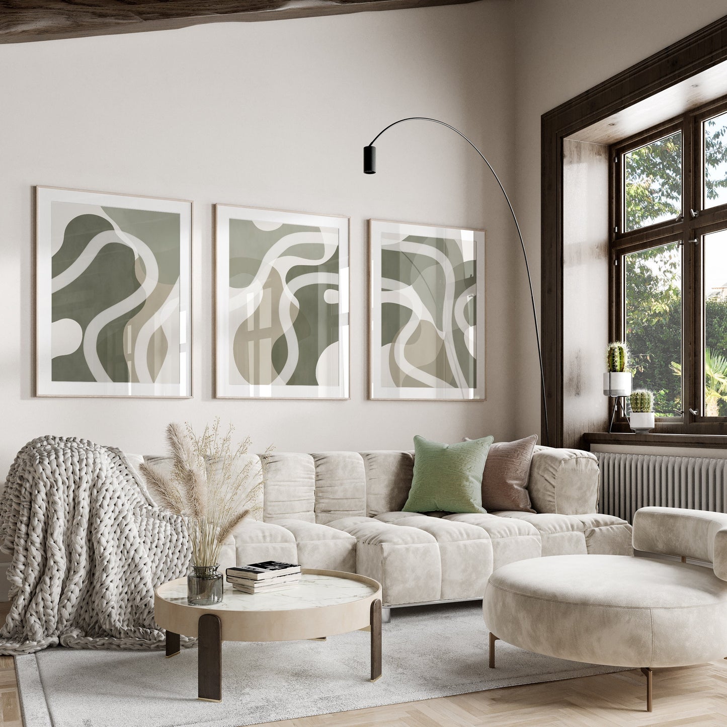 Set of 3 Sage Green Abstract Wall Art Prints