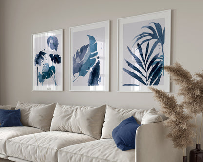 Set of 3 Blue Leaf Abstract Wall Prints