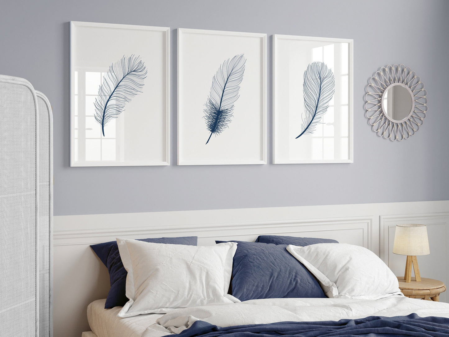 Set of 3 Blue Feather Wall Prints