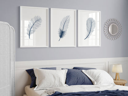 Set of 3 Blue Feather Wall Prints