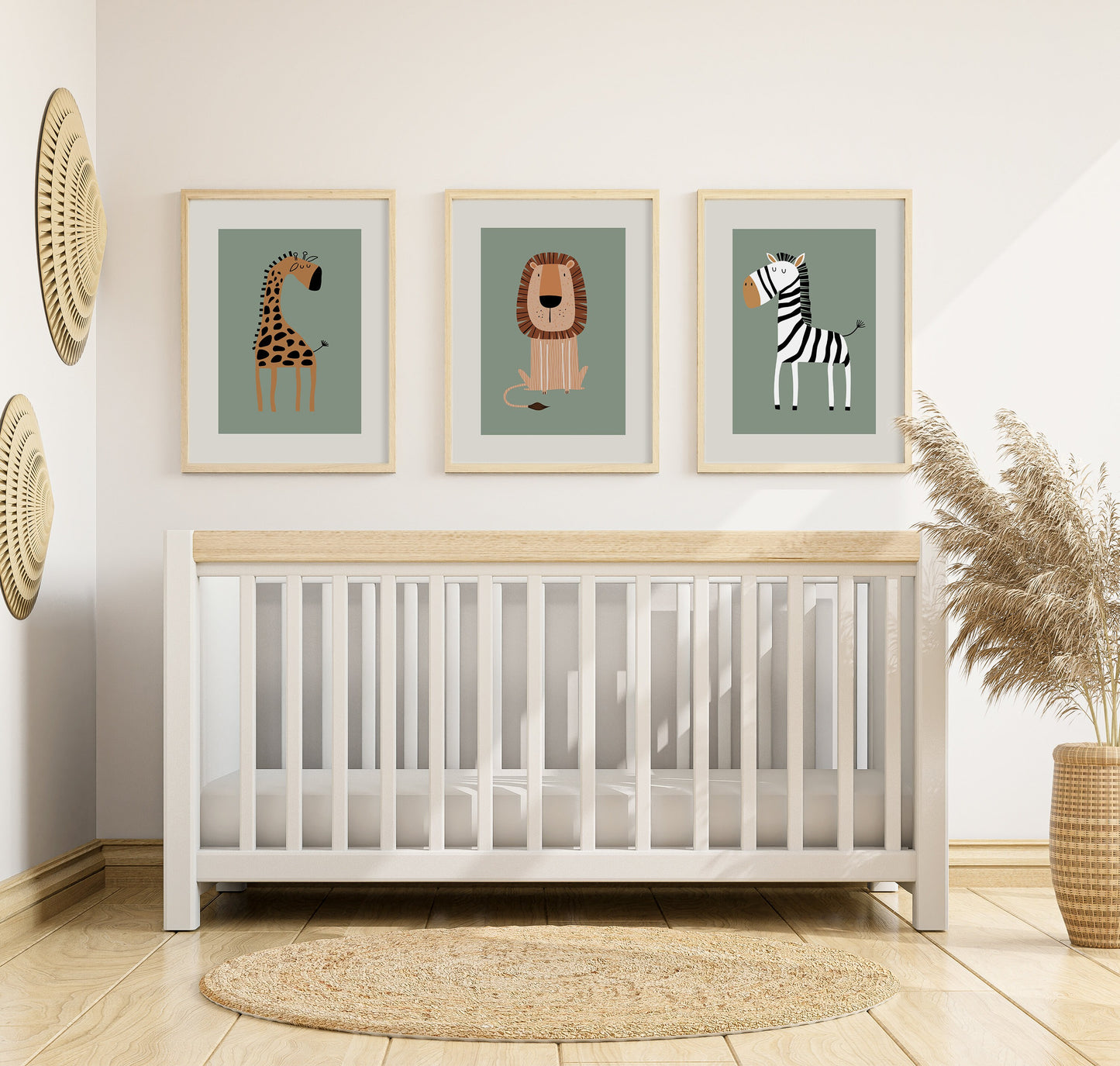 Set of 3 sage green safari animal Nursery Wall Art Prints