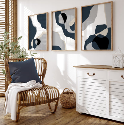 Set of 3 Blue & Grey Abstract Art Prints