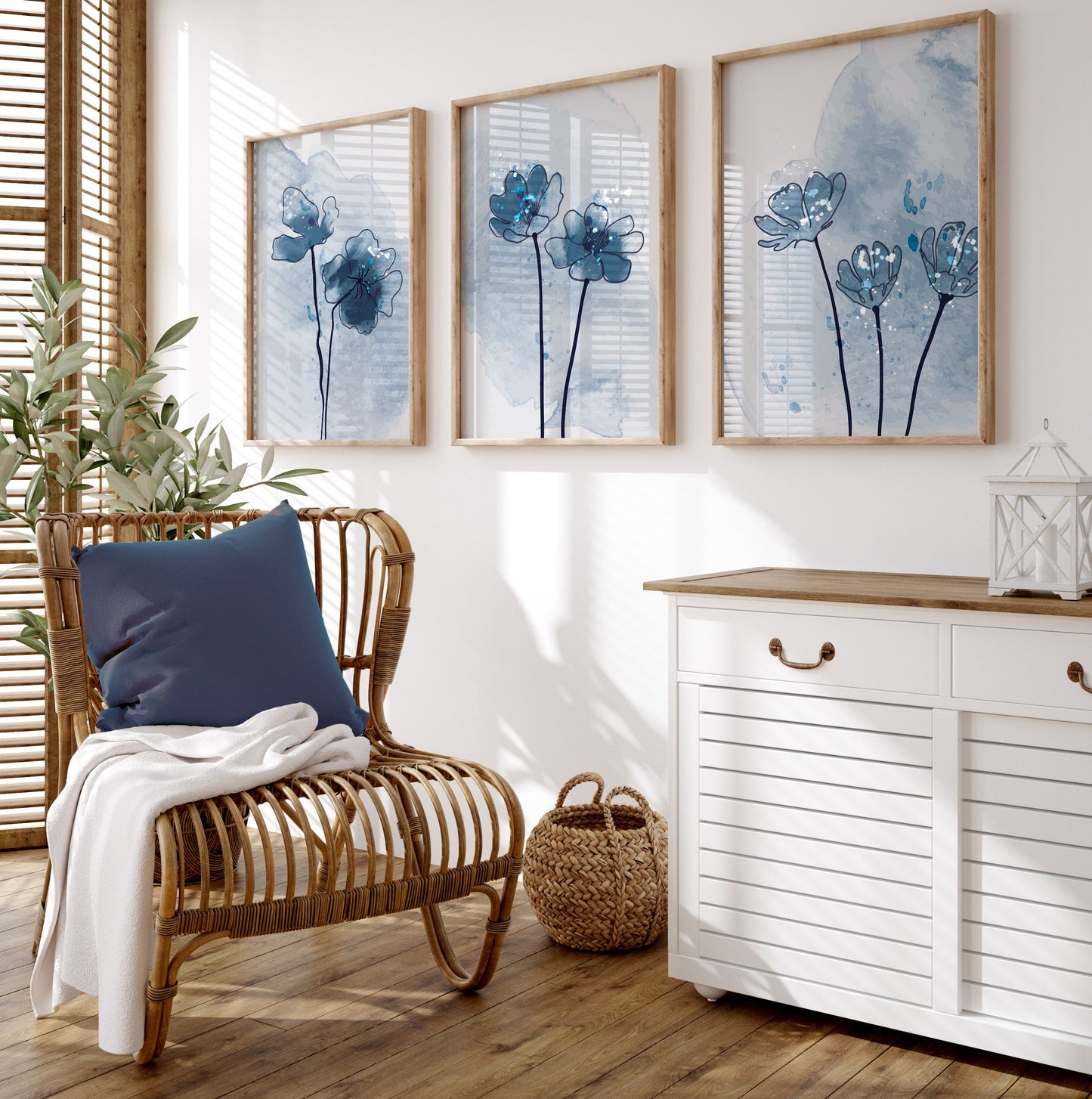 Set of 3 Blue Botanical Abstract Wall Prints