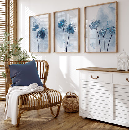 Set of 3 Blue Botanical Abstract Wall Prints