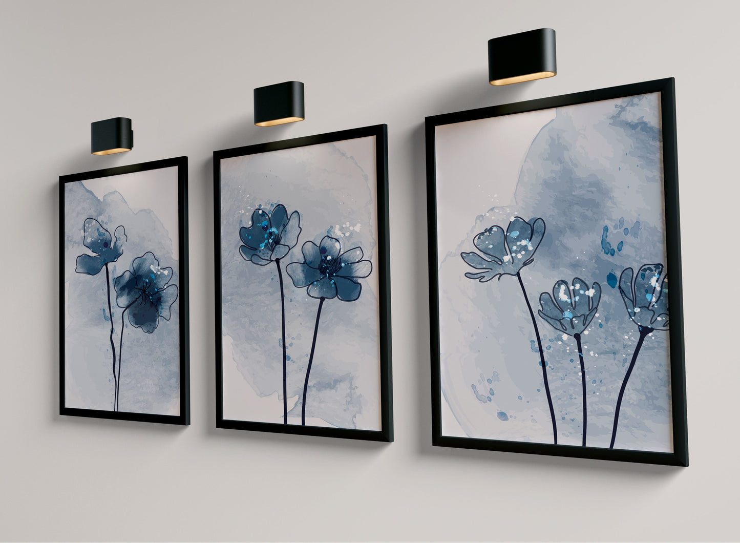 Set of 3 Blue Botanical Abstract Wall Prints
