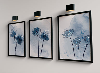 Set of 3 Blue Botanical Abstract Wall Prints