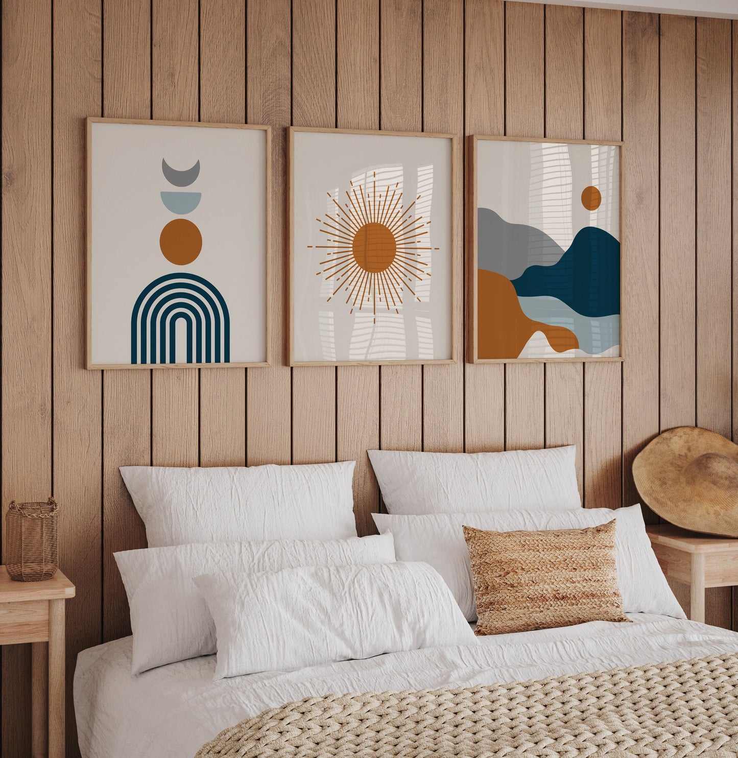 Set of 3 Rust Orange & Blue Prints