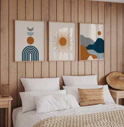 Set of 3 Rust Orange & Blue Prints
