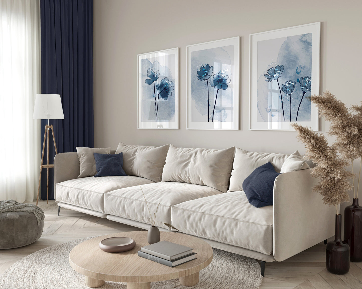 Set of 3 Blue Botanical Abstract Wall Prints