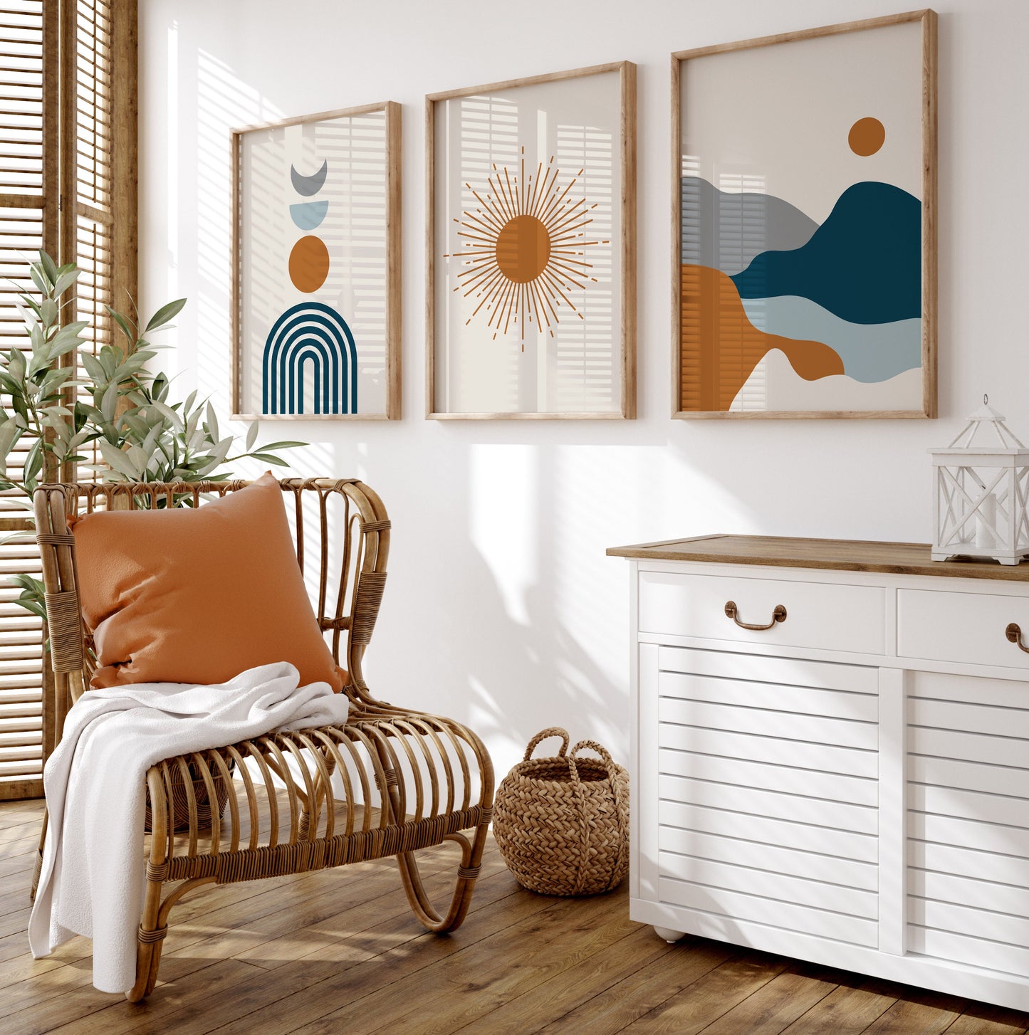 Set of 3 Rust Orange & Blue Prints