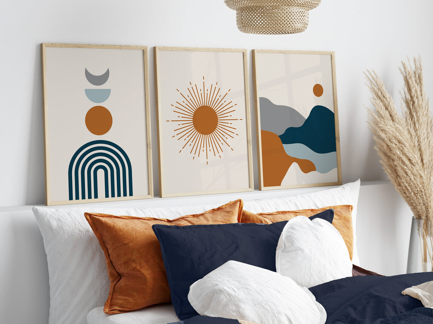 Set of 3 Rust Orange & Blue Prints
