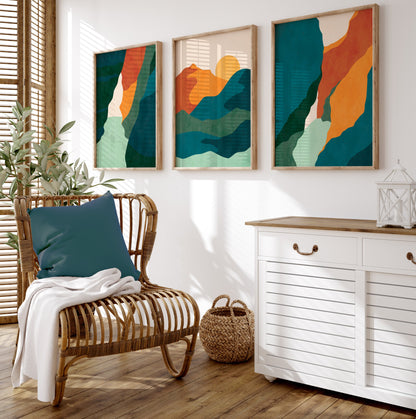 Set of 3 Teal Blue Boho Landscape Wall Prints