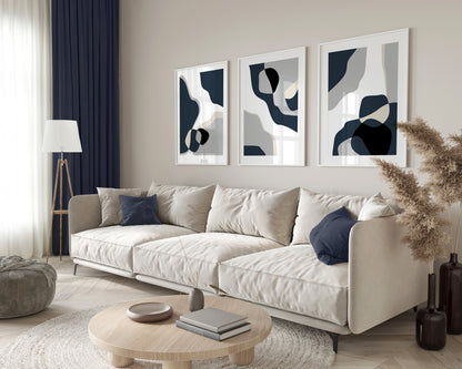 Set of 3 Blue & Grey Abstract Art Prints