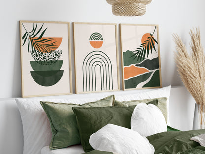 Set of 3 Green & Orange Boho Wall Art Prints