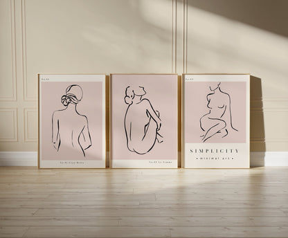 Set of 3 Pink Women Abstract Wall Art Prints