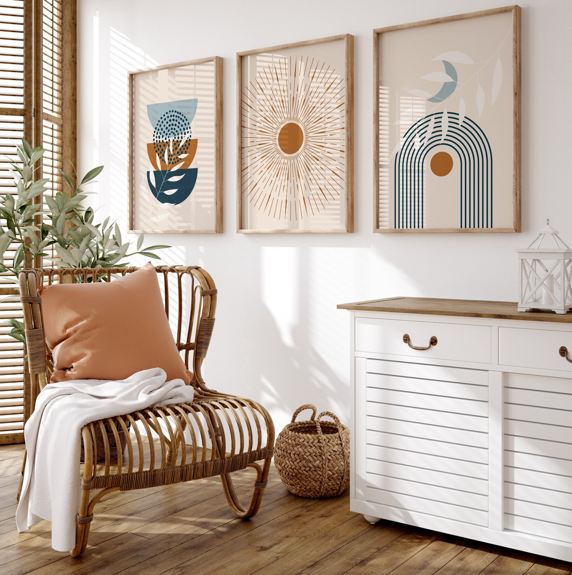 boho wall art prints in orange and blue
