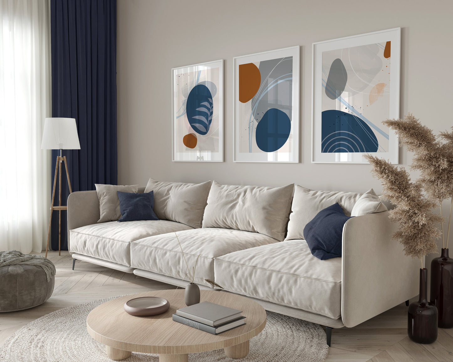 Set of 3 Rust, Orange & Blue Abstract Wall Prints