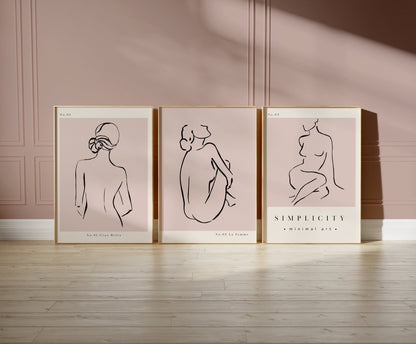 Set of 3 Pink Women Abstract Wall Art Prints