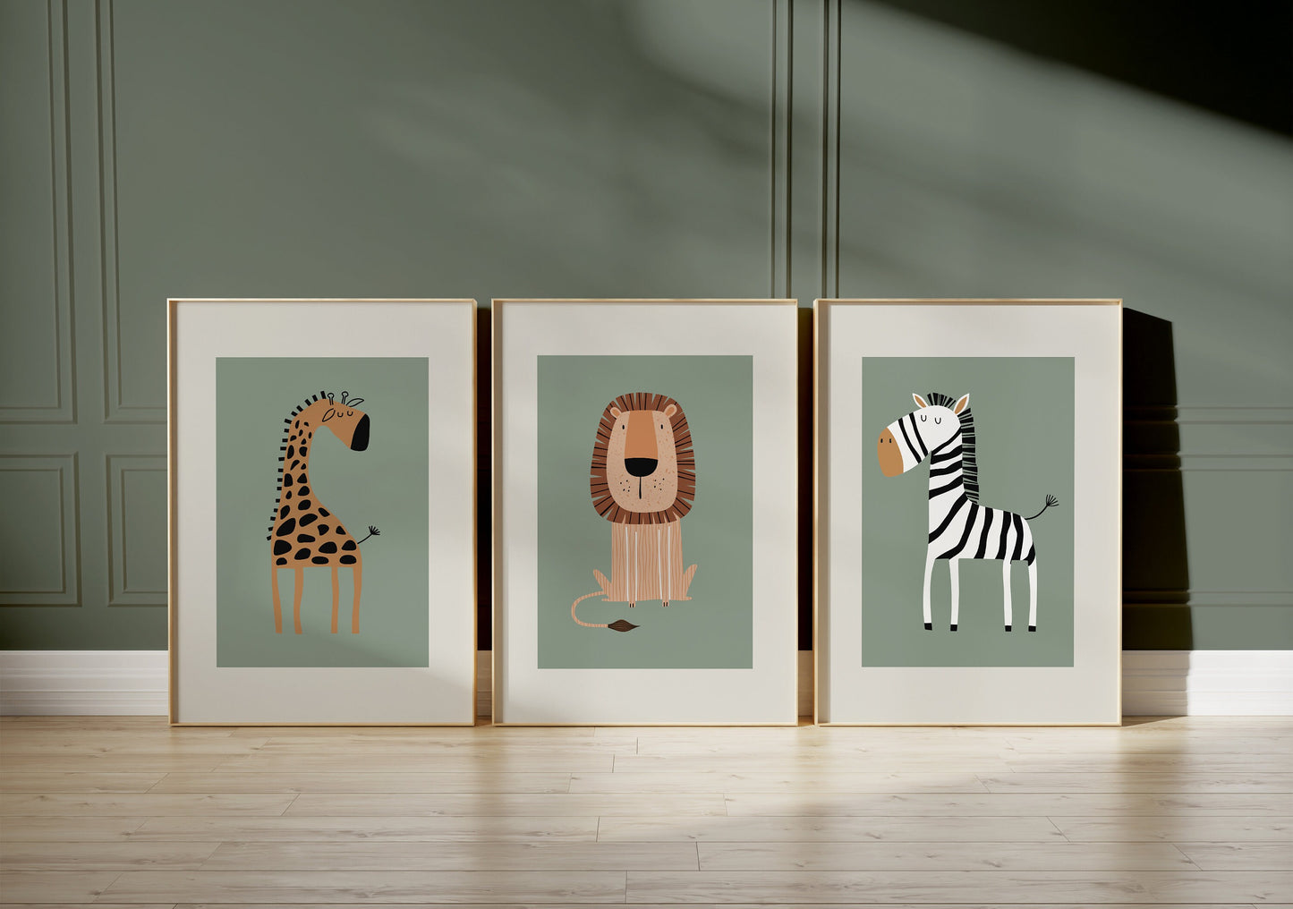 Set of 3 sage green safari animal Nursery Wall Art Prints