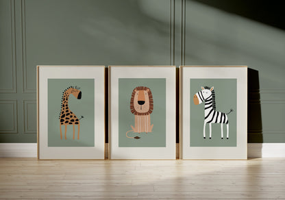 Set of 3 sage green safari animal Nursery Wall Art Prints