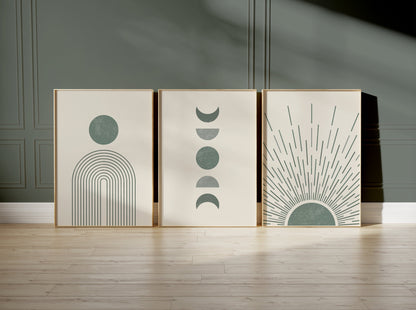 Set of 3 Sage Green & Cream Boho Wall Prints