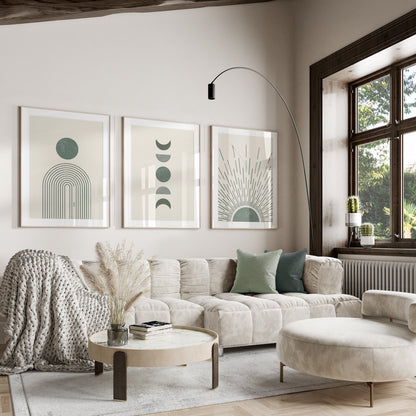 Set of 3 Sage Green & Cream Boho Wall Prints