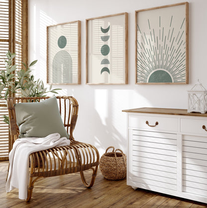 Set of 3 Sage Green & Cream Boho Wall Prints