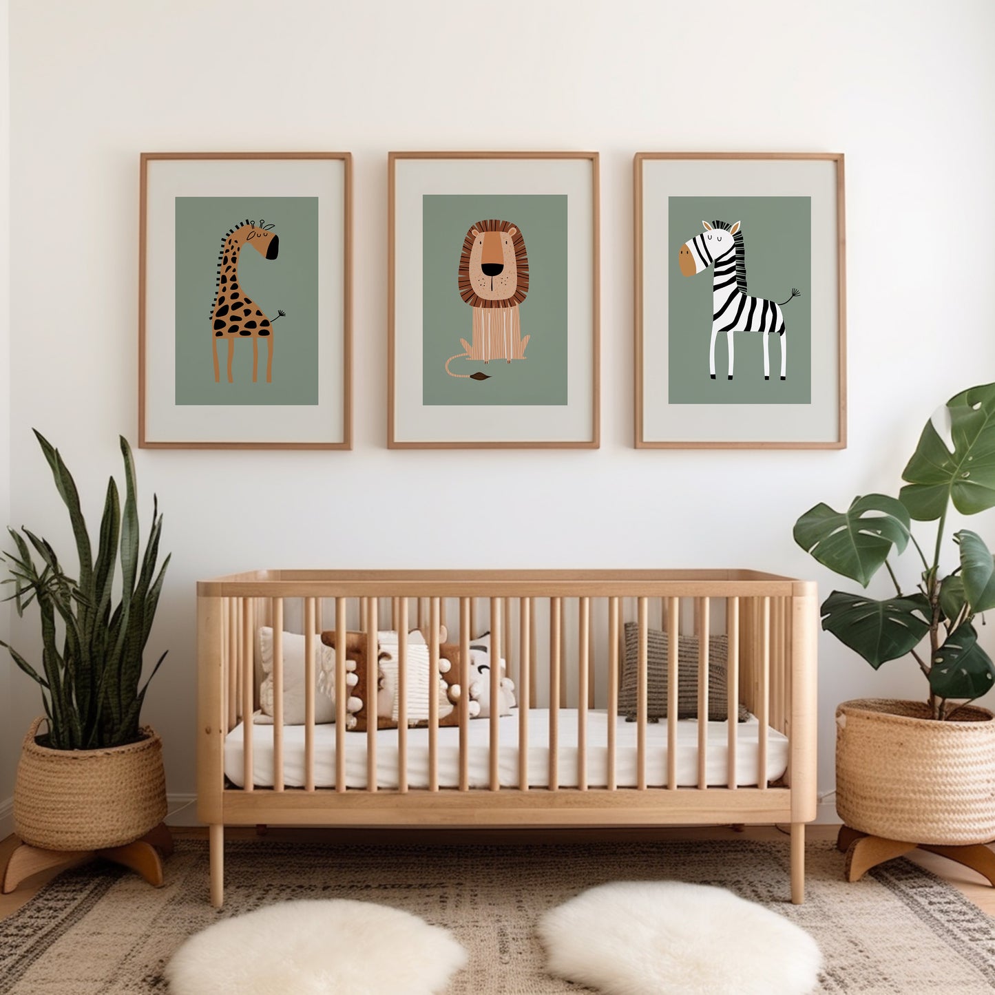 Set of 3 sage green safari animal Nursery Wall Art Prints