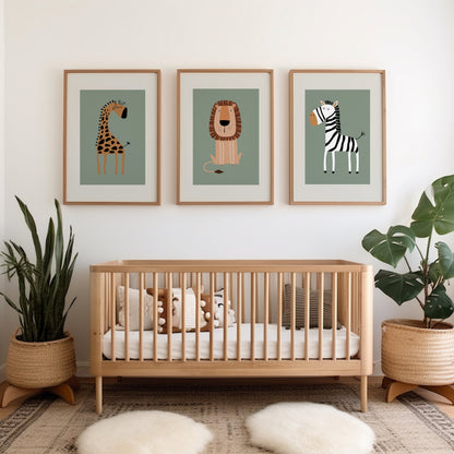 Set of 3 sage green safari animal Nursery Wall Art Prints