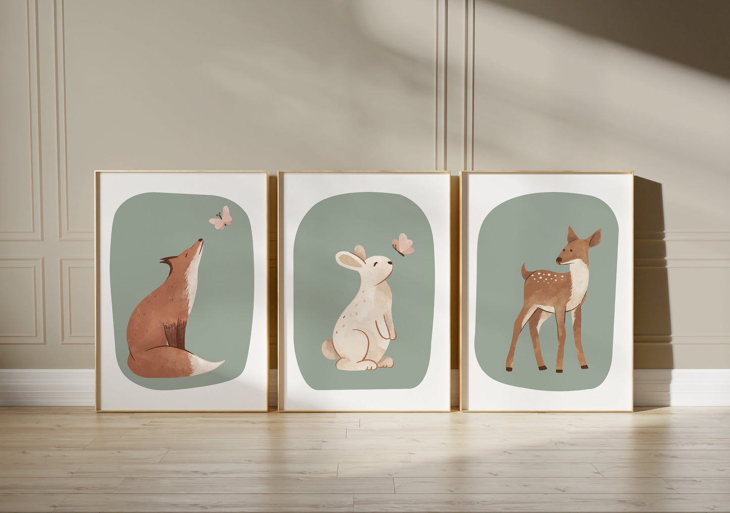 Set of 3 Sage Green Woodland Animal Nursery wall Prints