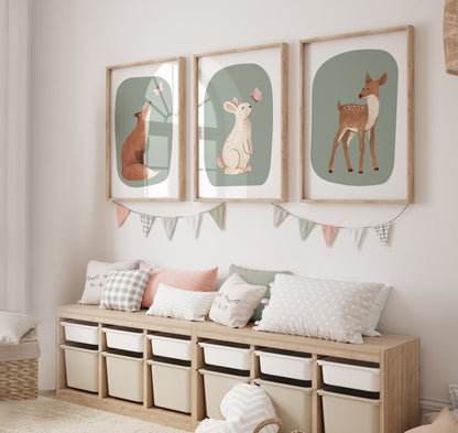 Set of 3 Sage Green Woodland Animal Nursery wall Prints