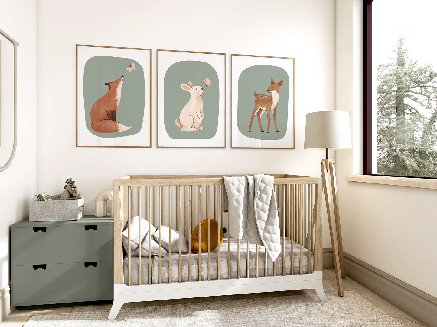 Set of 3 Sage Green Woodland Animal Nursery wall Prints