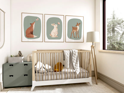 Set of 3 Sage Green Woodland Animal Nursery wall Prints