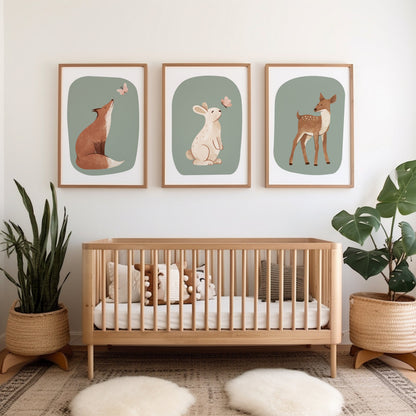 Set of 3 Sage Green Woodland Animal Nursery wall Prints
