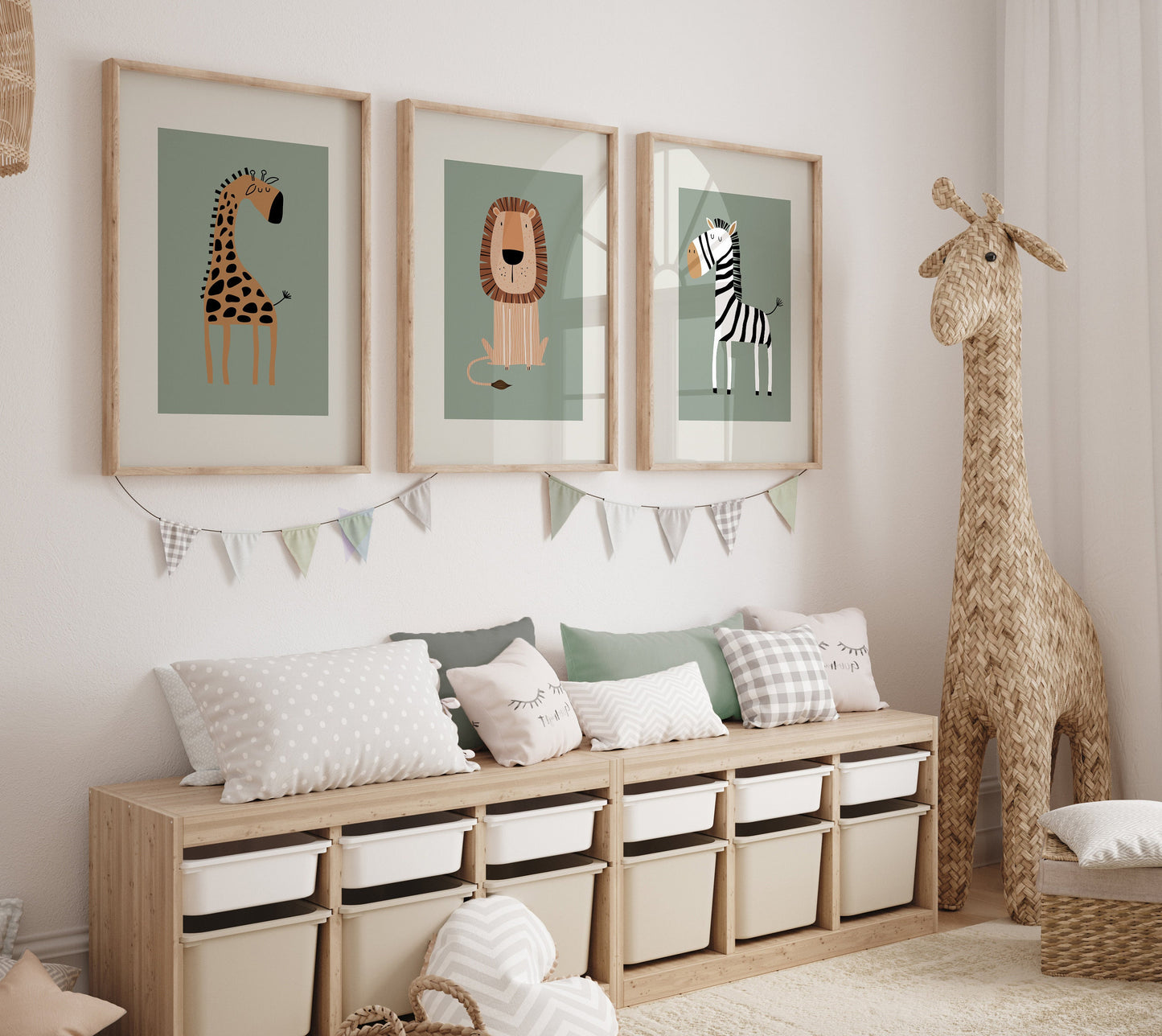 Set of 3 sage green safari animal Nursery Wall Art Prints