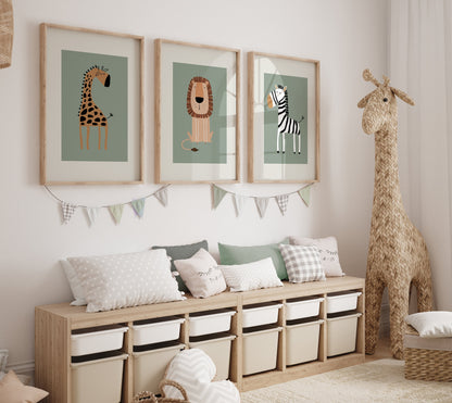 Set of 3 sage green safari animal Nursery Wall Art Prints