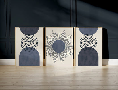 Set of 3 Blue Watercolour Boho Wall Art Prints