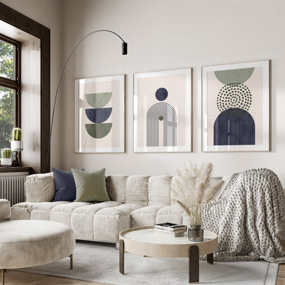 Set of 3 Green & Blue Boho Abstract Wall Art Prints
