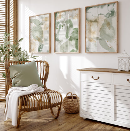 Set of 3 Sage Green & Gold Abstract Wall Art Prints