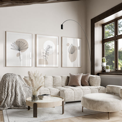Living room wall art, set of three unframed prints in shades of beige and white featuring plant illustrations