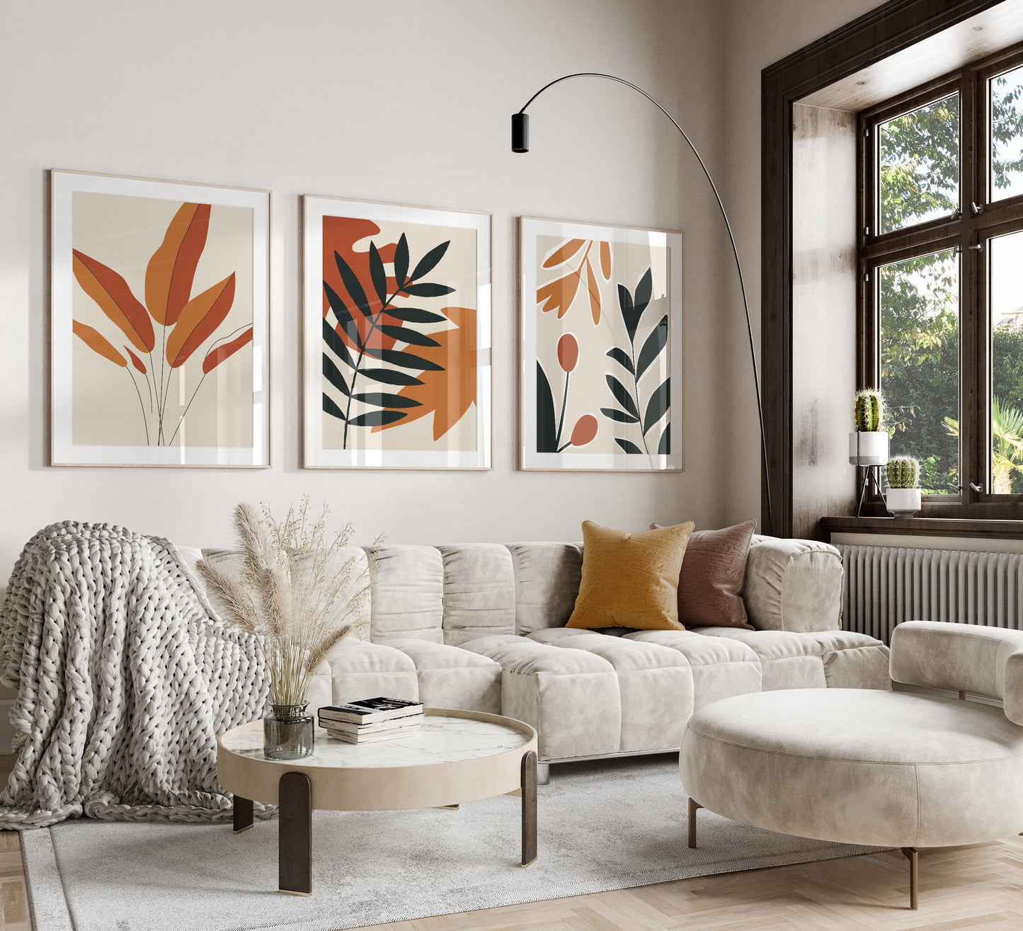 set of 3 abstract leaf wall prints, in Autumn shades of orange and brown